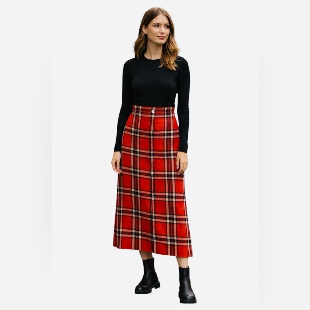 Red Plaid Wool Pencil Midi Skirt Button Front Vintage Size 10